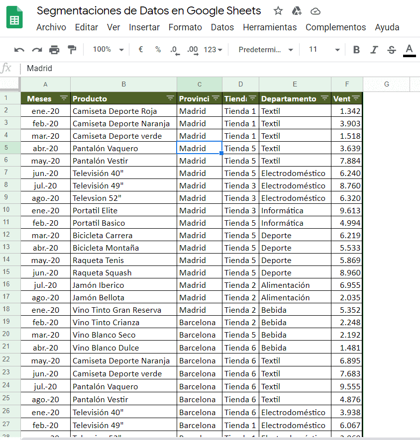 Segmentación de datos en Google Sheets