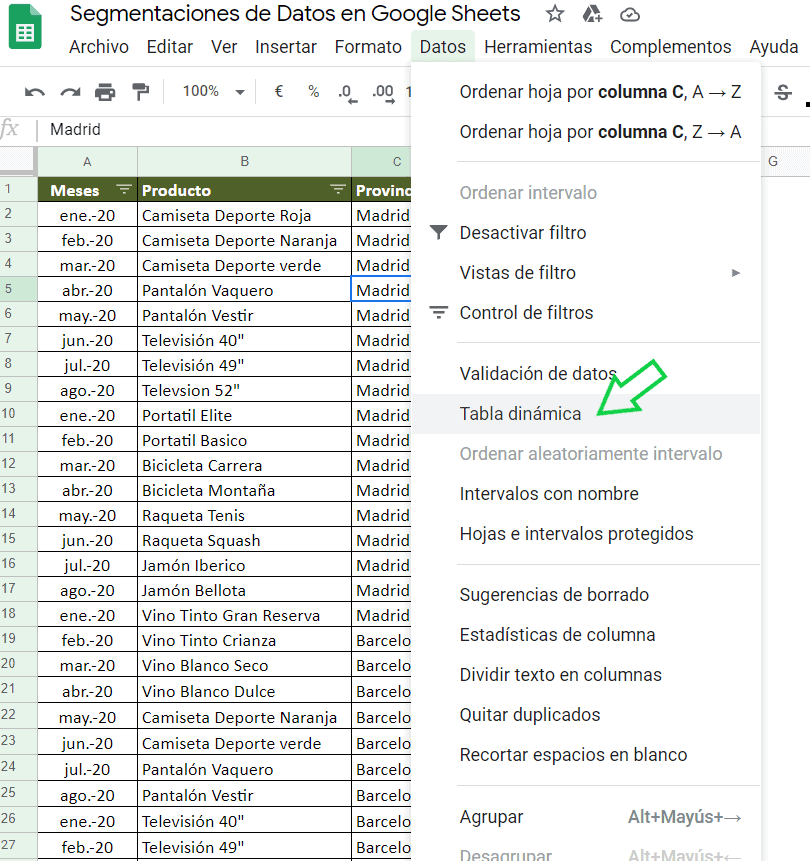Segmentación de datos en Google Sheets