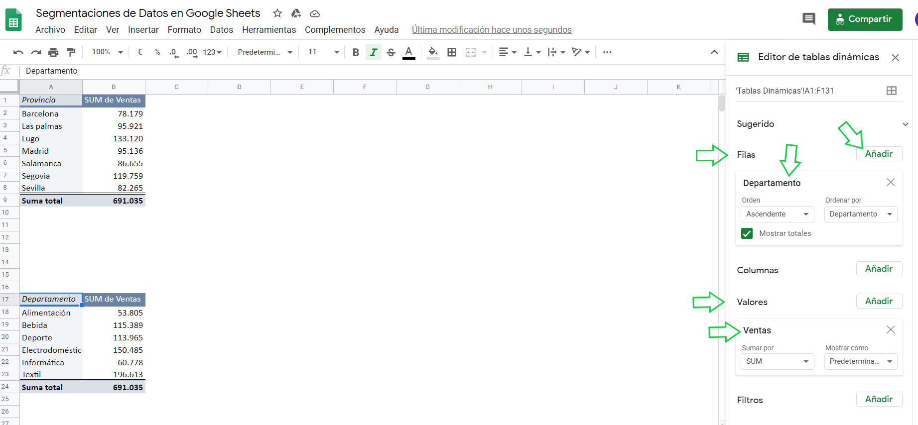 Segmentación de datos en Google Sheets