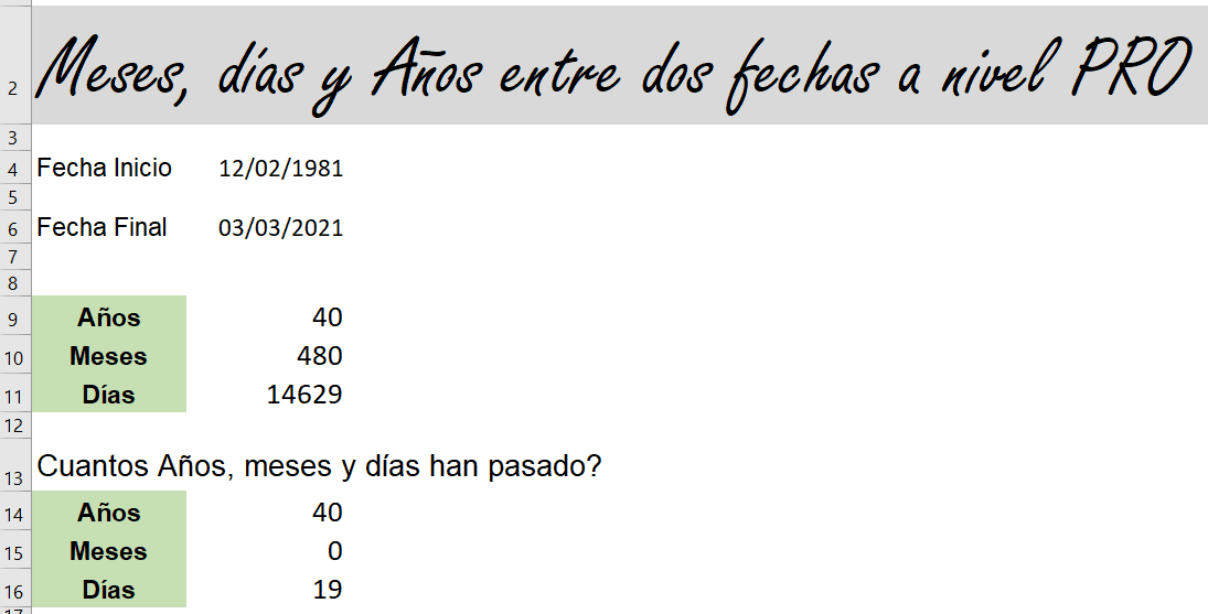 Calcular años, meses y días entre dos fechas en Excel